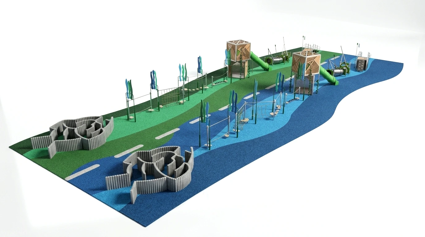 Master Spatial Overview — Eco-Friendly Recycled Pole Labyrinth & Central Architectural Cube Tower