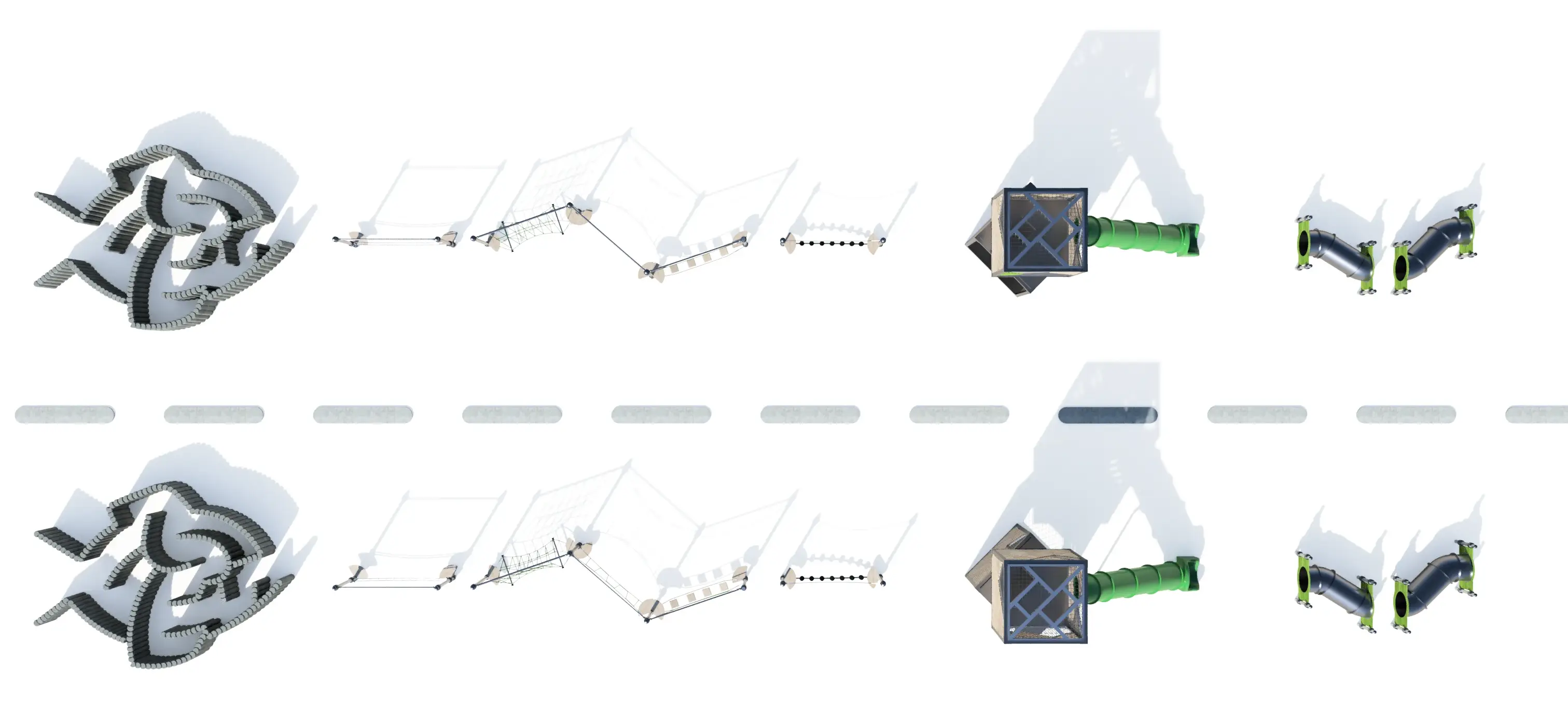 Master Spatial Overview — Eco-Friendly Recycled Pole Labyrinth & Central Architectural Cube Tower