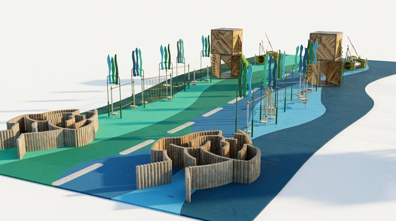 Master Spatial Overview — Eco-Friendly Recycled Pole Labyrinth & Central Architectural Cube Tower